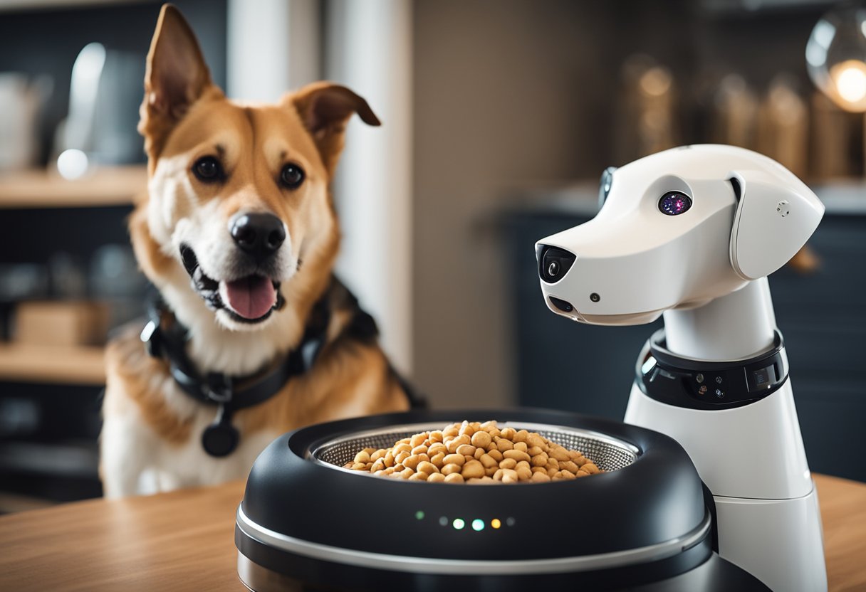 A robotic pet feeder dispenses food while a smart collar monitors vital signs. AI algorithms analyze data to provide personalized care for pets
