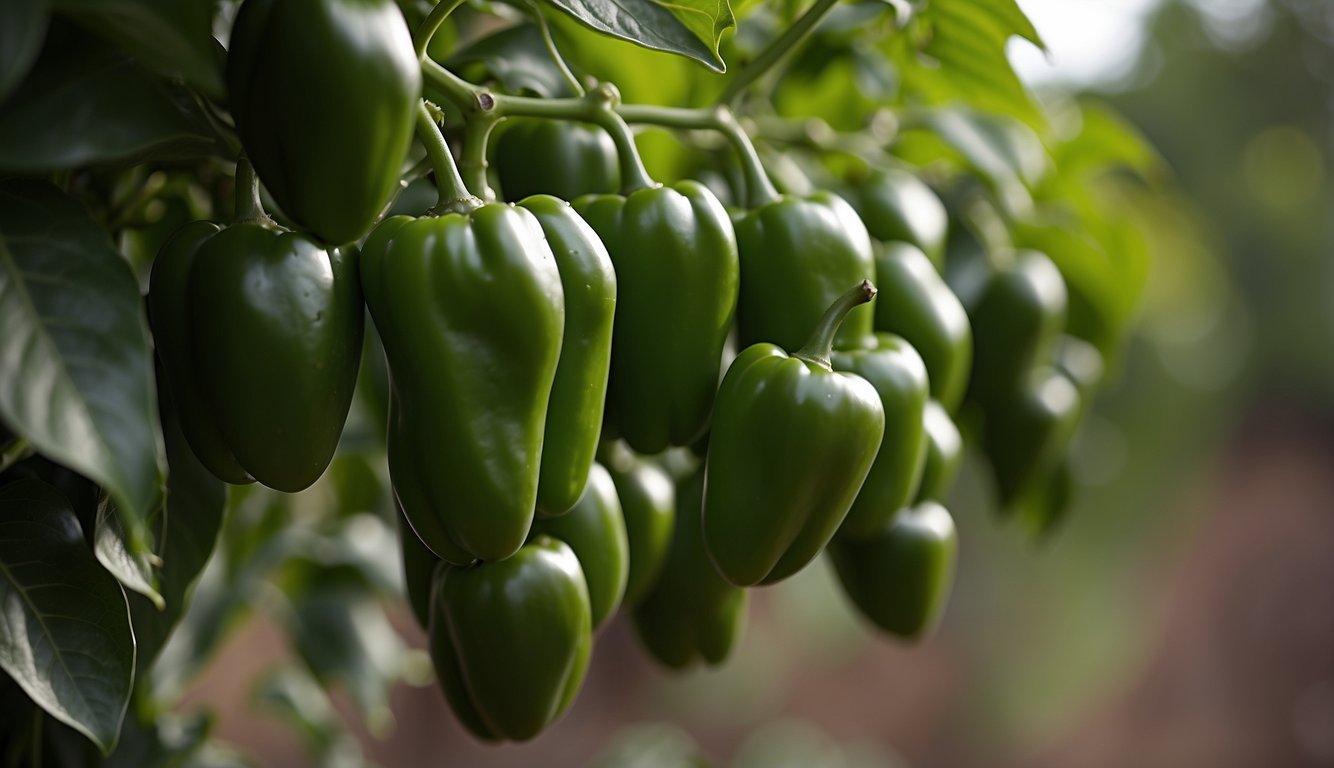 Lush green pepper plants with small, vibrant peppers growing on the vine