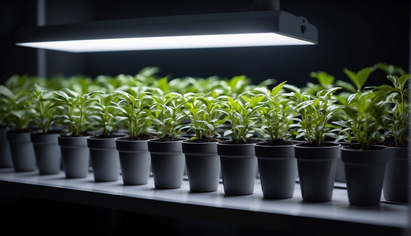 Pepper plants in small pots arranged under grow lights for optimal conditions