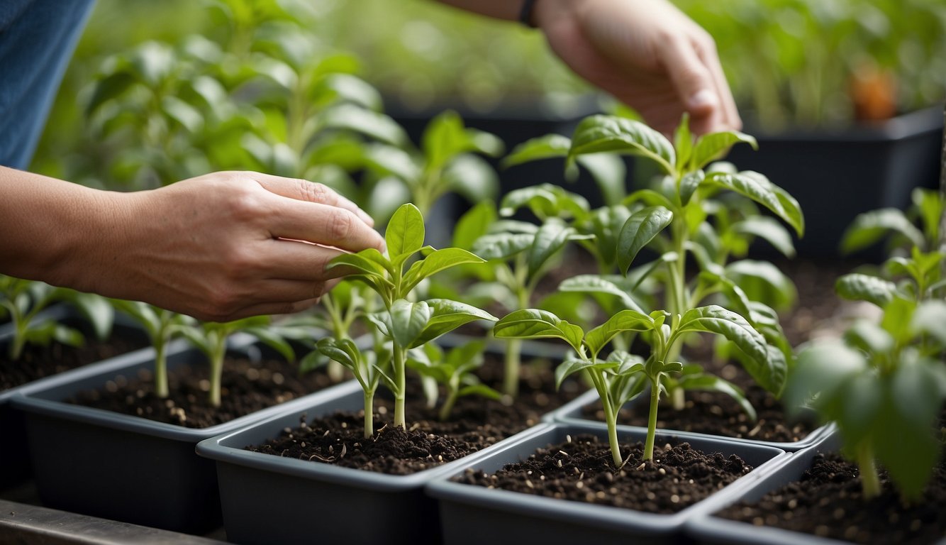 A person carefully tends to small pepper plants, pruning and watering them