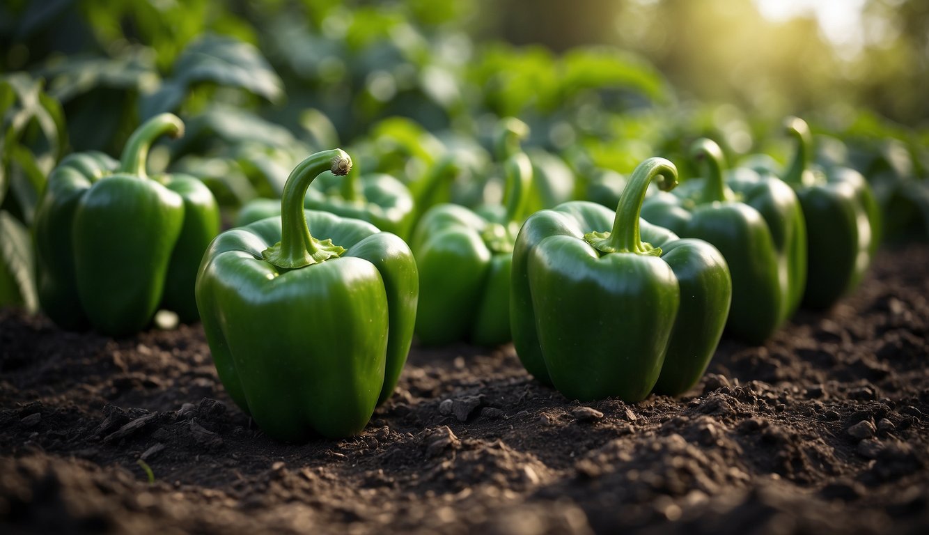 Lush green pepper plants of various sizes and shapes fill the garden, showcasing the diverse range of pepper plant varieties