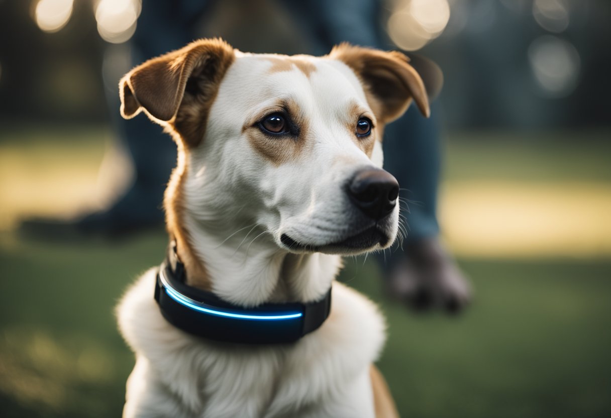 A dog wearing a smart collar with AI sensors, being trained by a virtual assistant and monitored for behavior changes