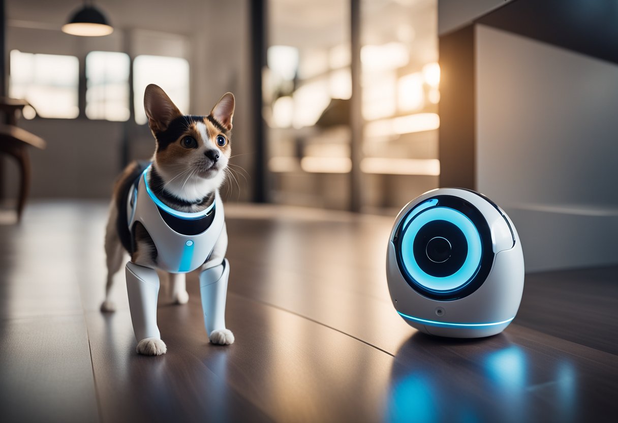 A robotic pet sitter uses AI to monitor and secure a pet's environment, while a smart collar tracks their health and activity