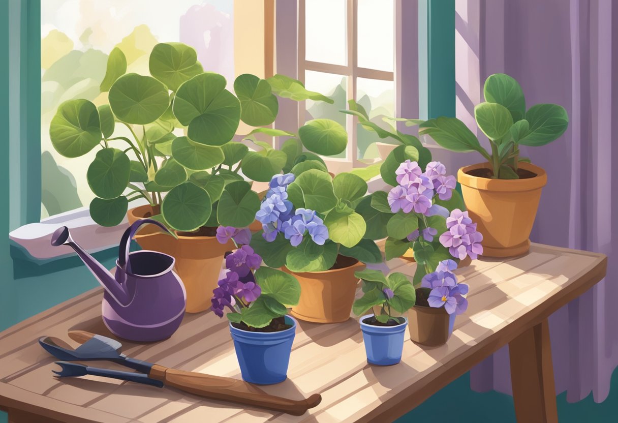 A bright, sunlit room with a table near a window. Pots of African violets sit on the table, surrounded by small gardening tools and a watering can