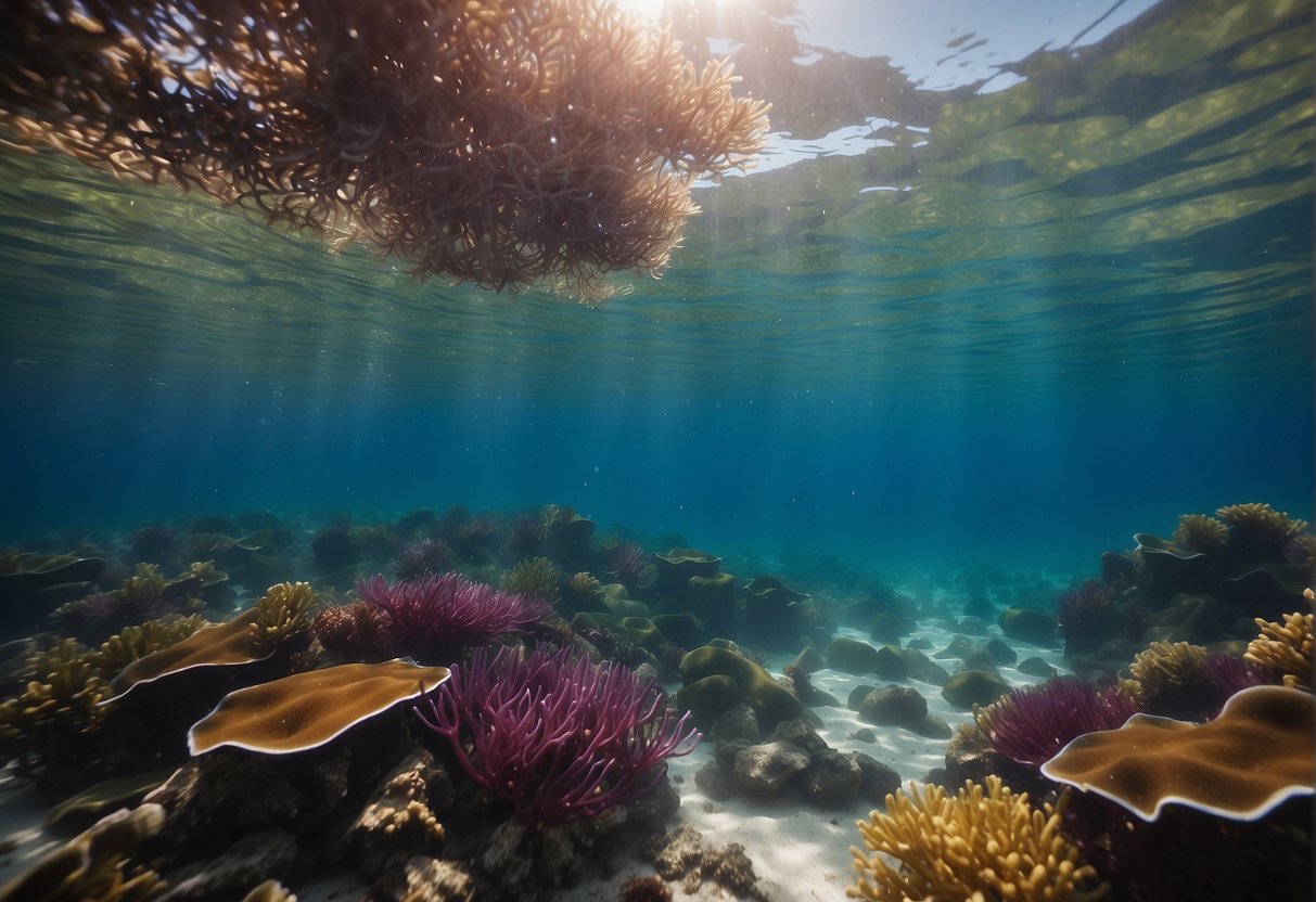 A vibrant scene of dulse seaweed growing in crystal clear waters, surrounded by colorful marine life and gently swaying with the ocean currents