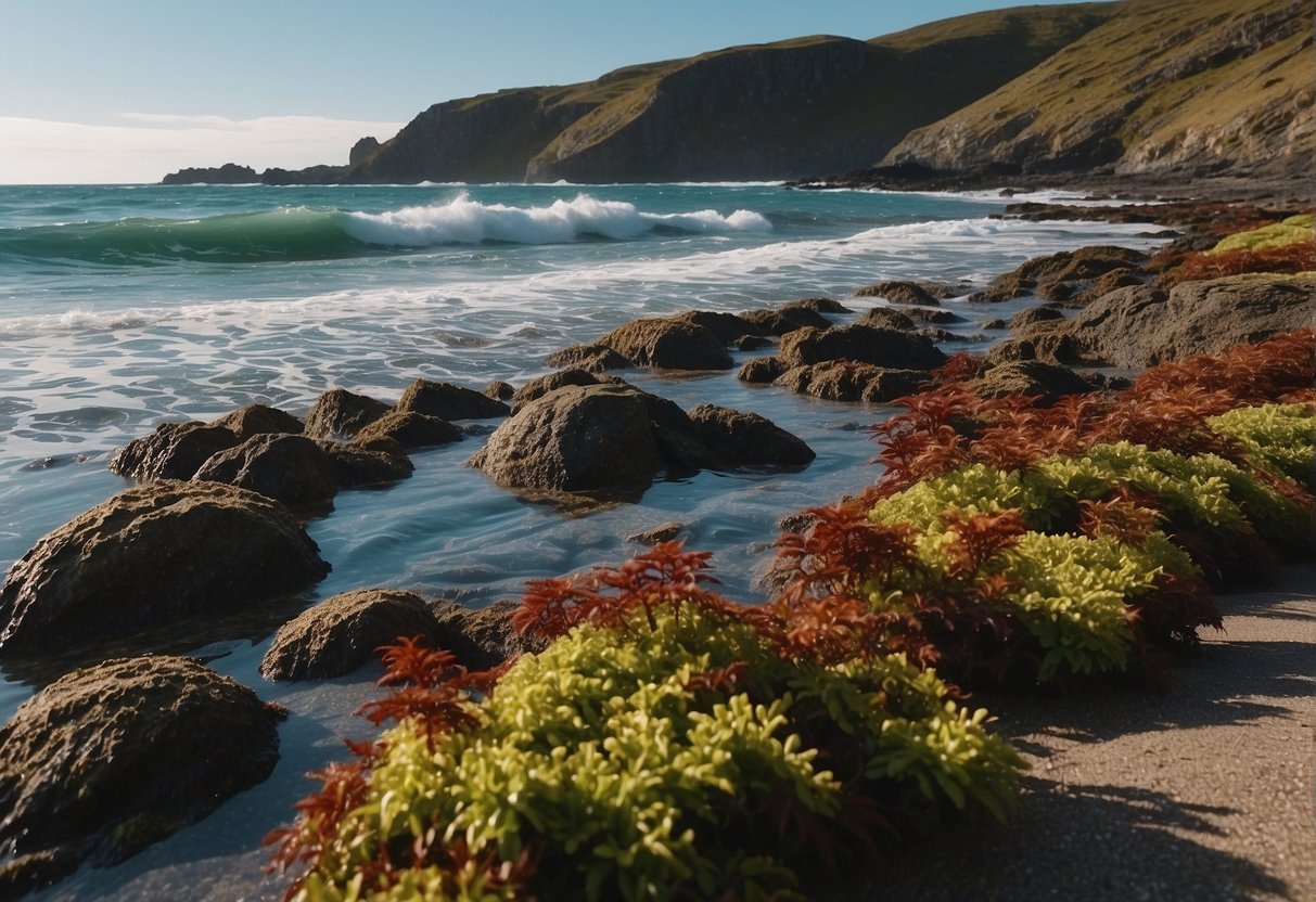 A rocky coastline with seaweed beds, waves crashing against the shore. Dulse plants growing in shallow water, vibrant red and green fronds swaying in the current