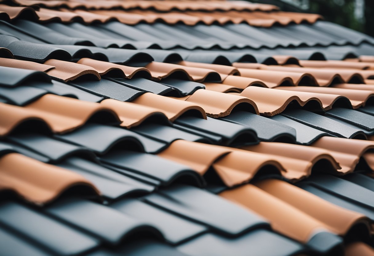 Various roof tile materials displayed, including clay, concrete, and slate. Price tags visible, with slate tiles appearing as the most expensive option