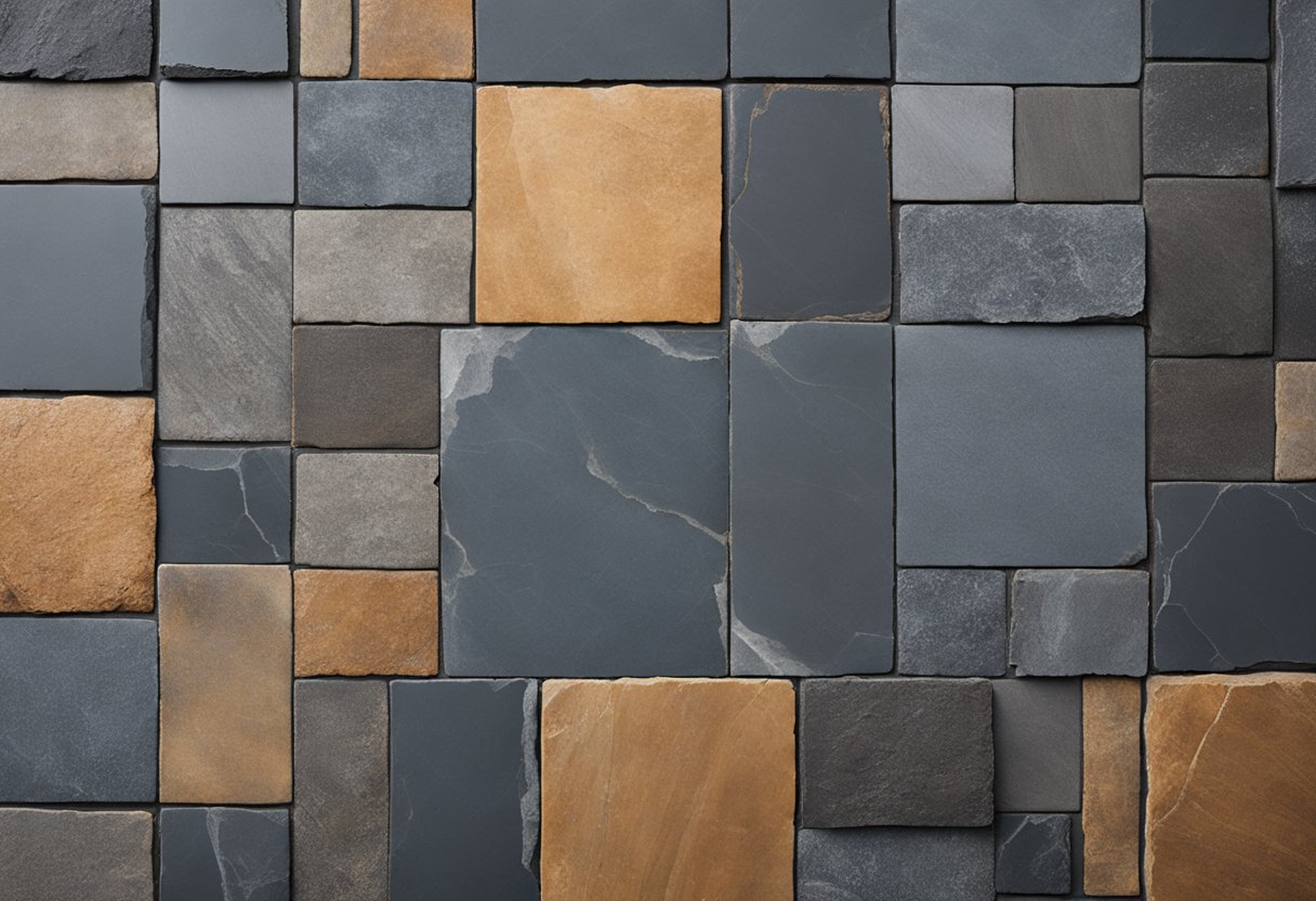 A slate and tile comparison: Slate is shown as more durable and natural-looking, while tile appears more versatile and customizable