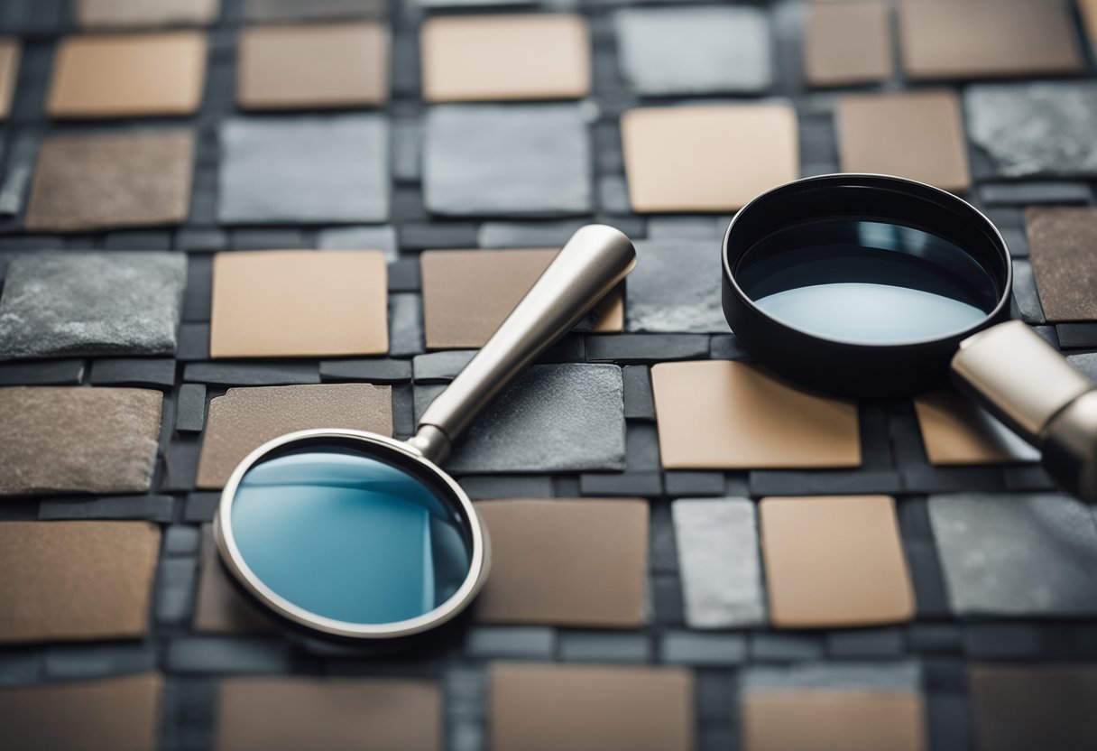 A slate tile and a ceramic tile placed side by side, with a magnifying glass examining their texture and surface