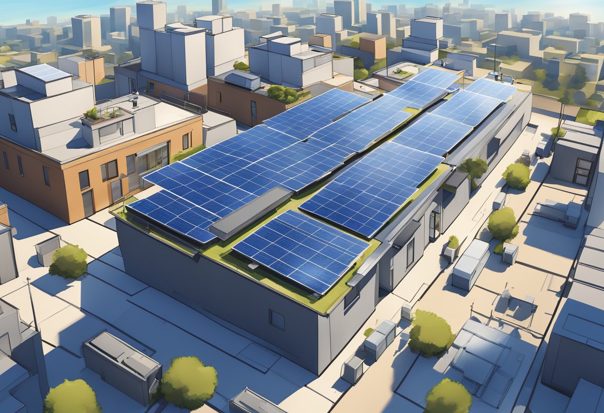 A rooftop solar panel installation with clear blue skies and surrounding buildings