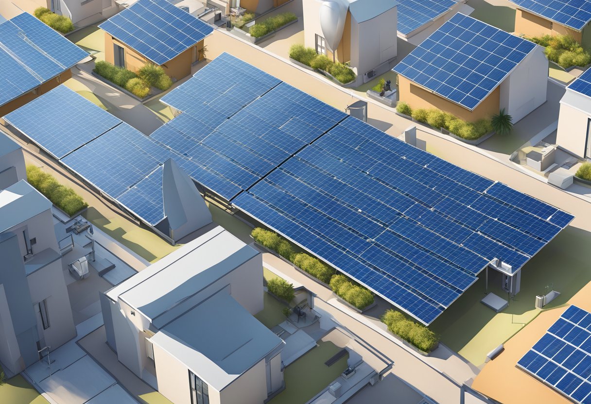 A rooftop solar panel setup with clear blue sky background and surrounding buildings