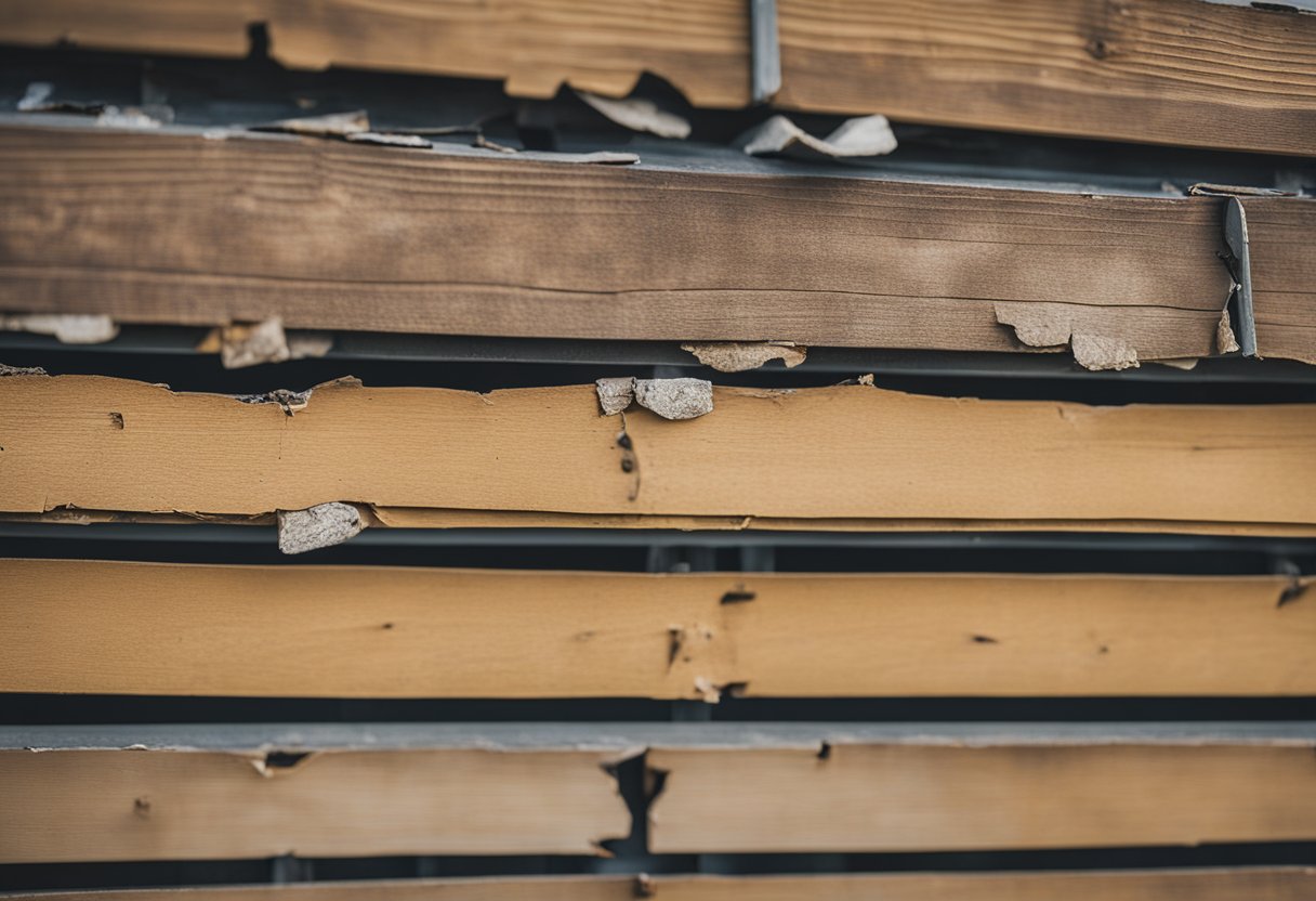 A damaged section of siding is being inspected for replacement