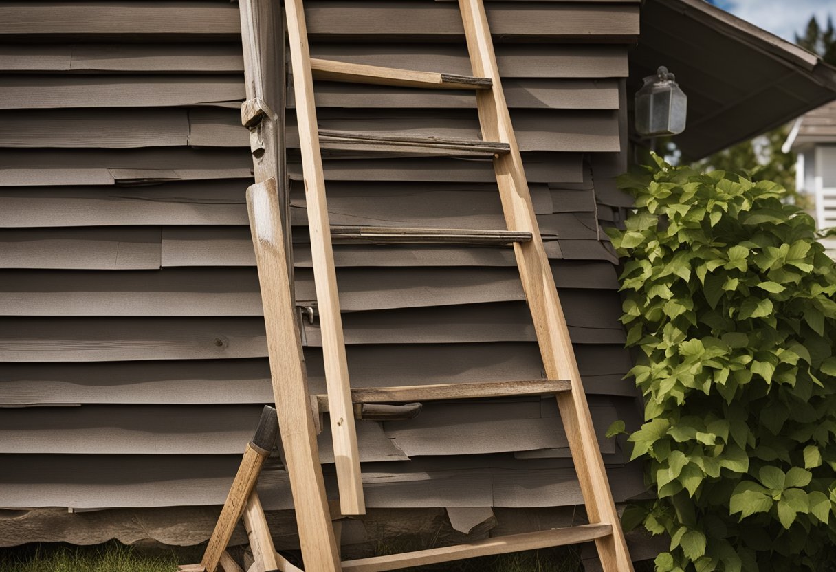 A ladder leans against a house with a section of siding removed. A hammer, nails, and replacement siding lay nearby