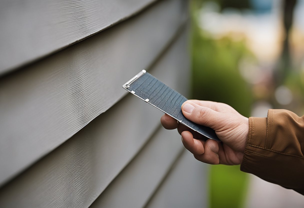A hand holding a piece of siding, removing and replacing a small section on a house exterior