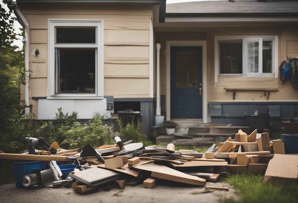 A house with various siding types (wood, vinyl, metal) in need of repair. Tools and materials scattered nearby. Instructions visible on a nearby wall