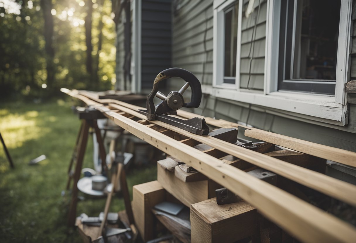 A ladder leans against a house with damaged siding. A person holds a hammer and nails, while another person measures and cuts new siding. Tools and materials are scattered around the work area