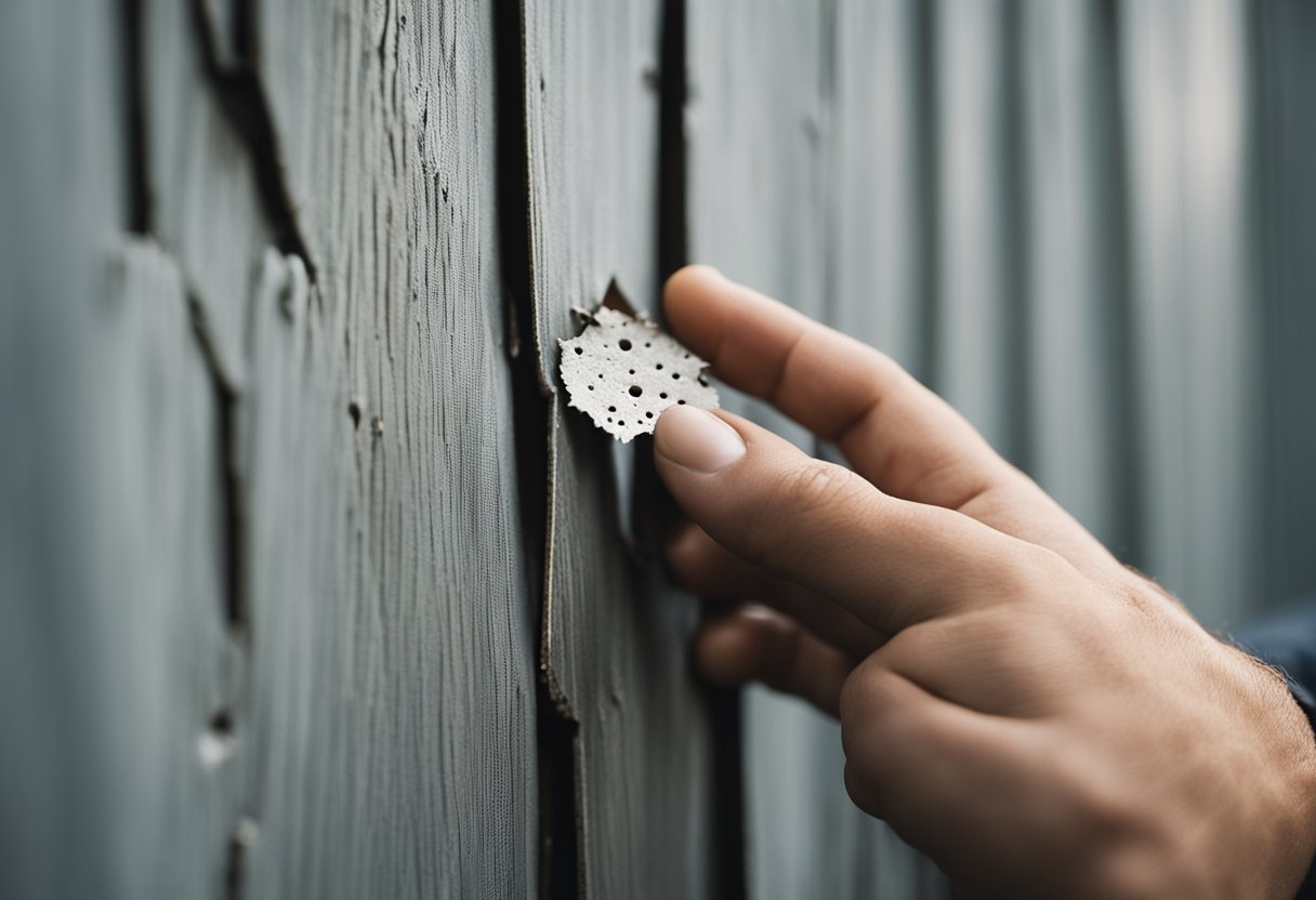 A close-up of a damaged section of siding with small holes, a hand holding a patching material, and a focused expression