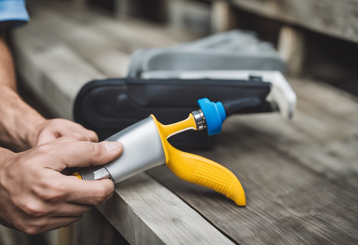 A hand holding a putty knife and a tube of caulk, with a piece of siding showing small holes