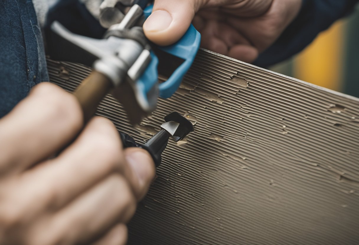 Small holes in siding being patched with repair materials and tools