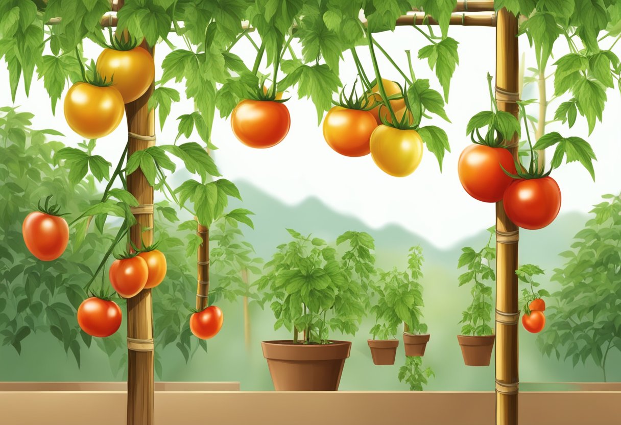 Cherry tomato plants staked in pots, with bamboo stakes supporting the vines and ripe tomatoes hanging from the branches