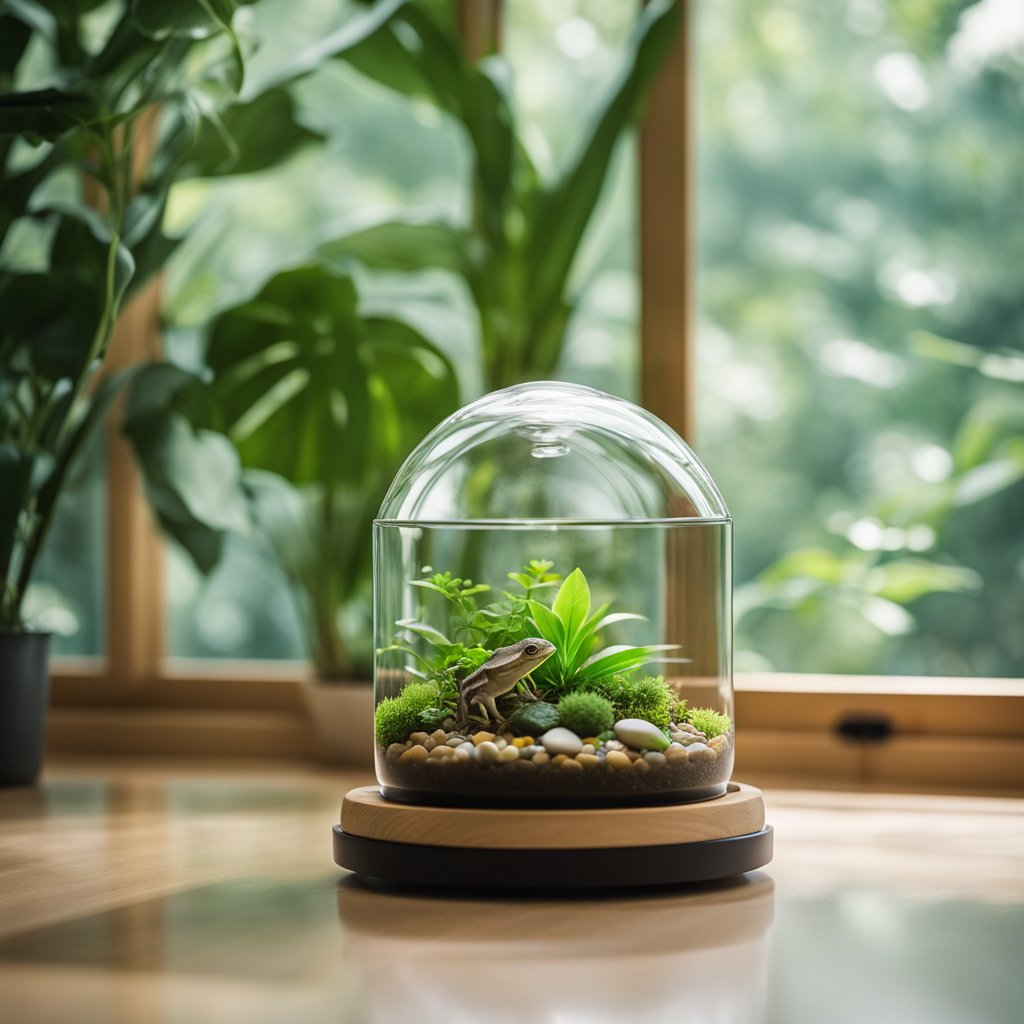 A glass terrarium with lush green plants, a small water feature, and a temperature and humidity gauge. A heat lamp and UVB light provide the proper climate for the colorful tree frogs