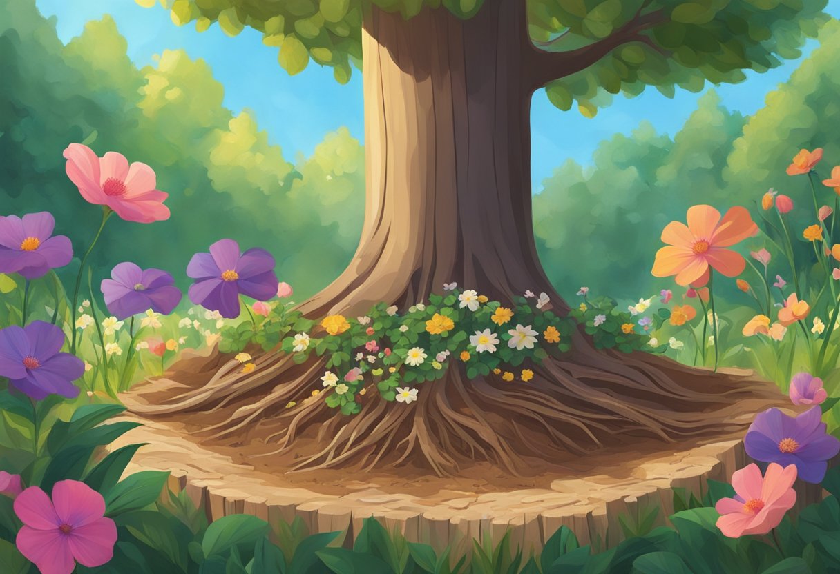 Flowers planted in a tree stump, roots nestled in soil, petals reaching towards the sun, surrounded by greenery