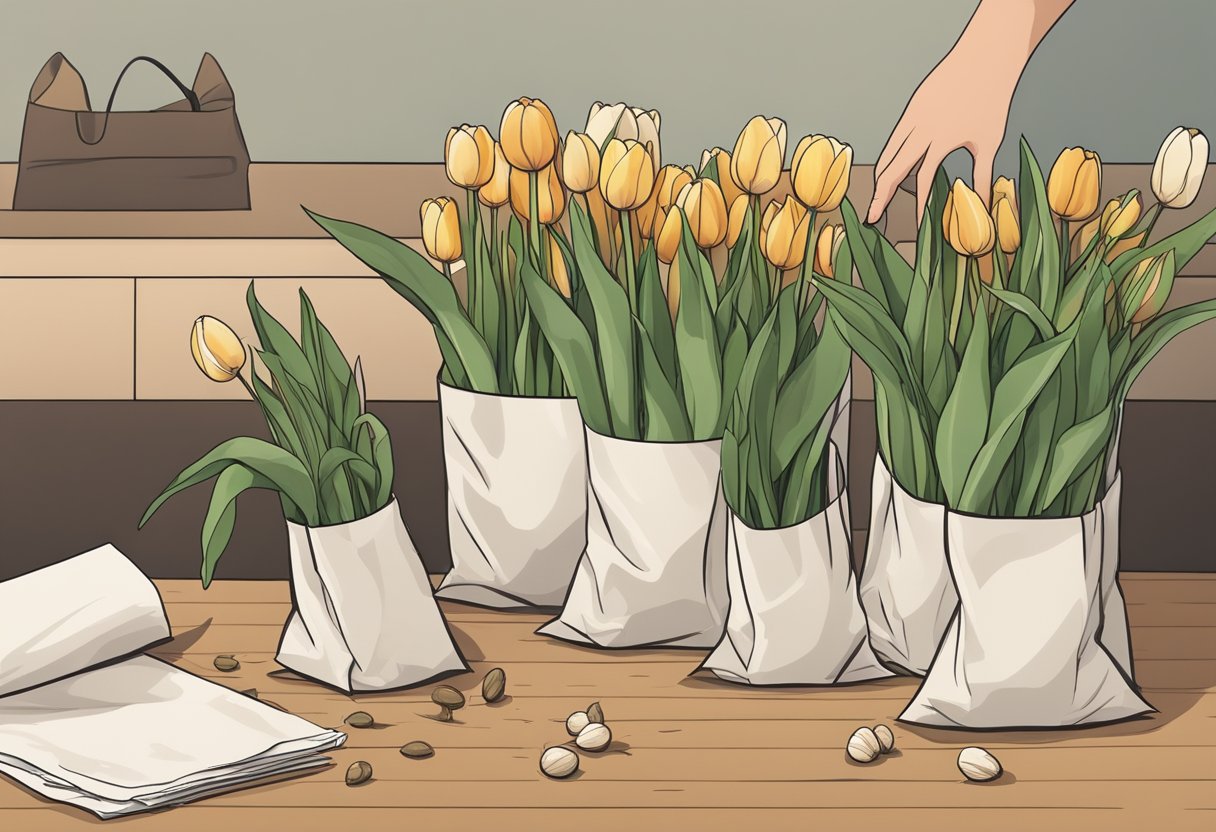 Tulip bulbs being gently removed from a potted plant, placed in a paper bag, and stored in a cool, dry place for replanting