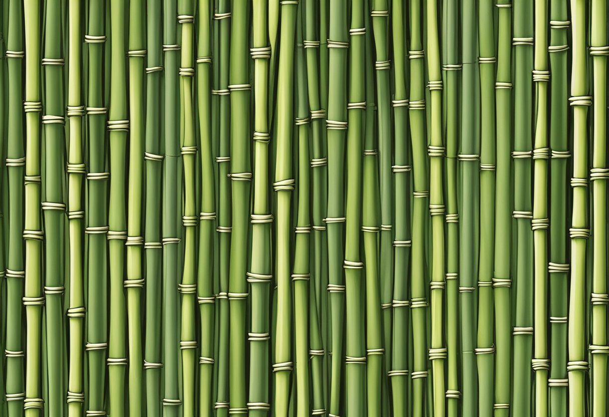 Bamboo poles lashed together in a grid pattern, forming a trellis for climbing plants