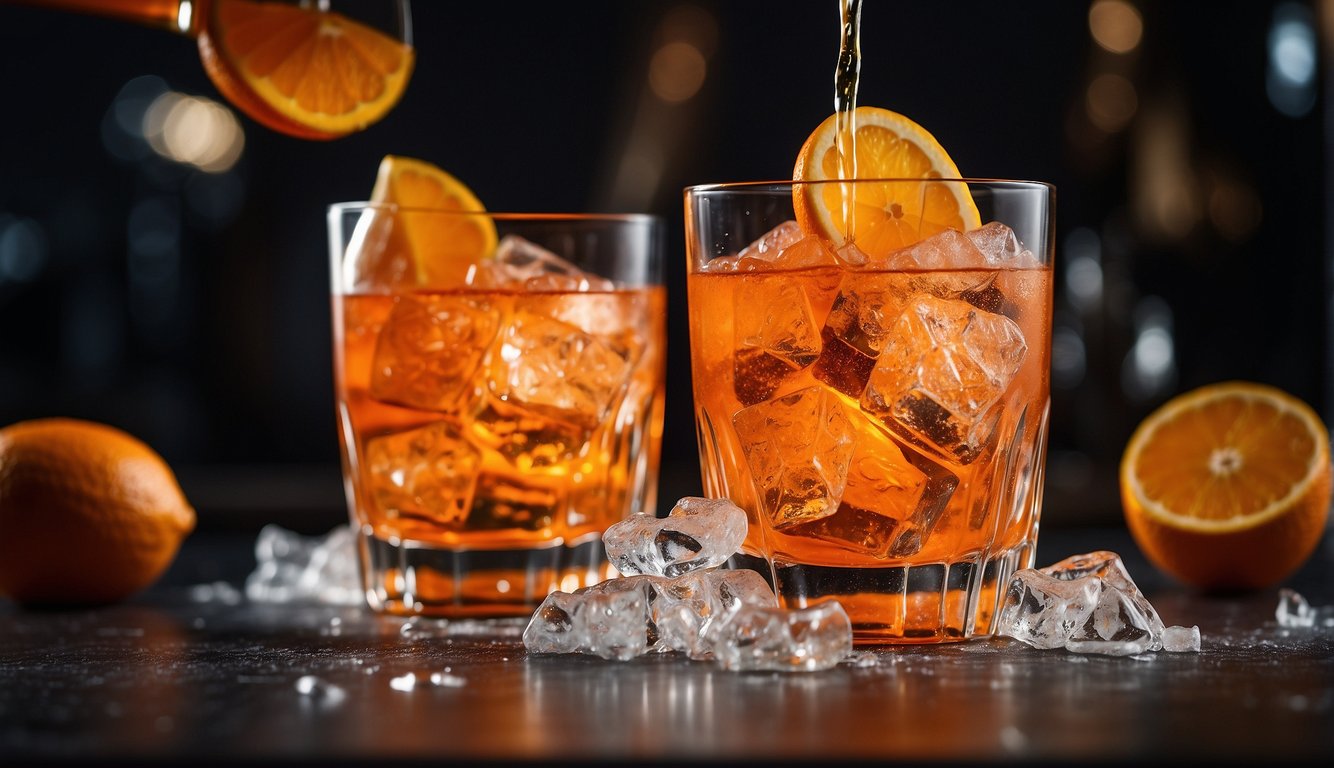 Aperol being poured into a glass over ice, with a slice of orange being added as garnish