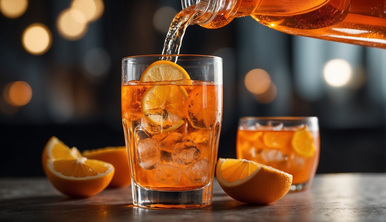 Aperol being poured into a glass with ice, followed by the addition of soda water and a slice of orange