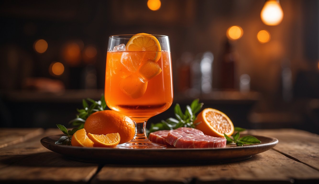 A glass of hot aperol sits on a rustic wooden table, steam rising from the vibrant orange liquid. A plate of charcuterie and cheese is nearby, ready for pairing