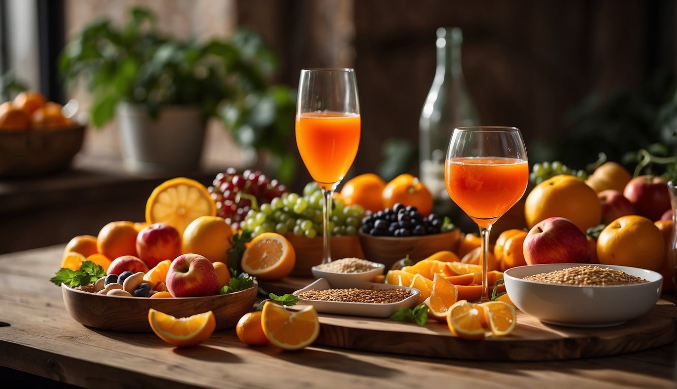 A vibrant table filled with fresh fruits, vegetables, and whole grains, accompanied by a refreshing glass of aperol spritz