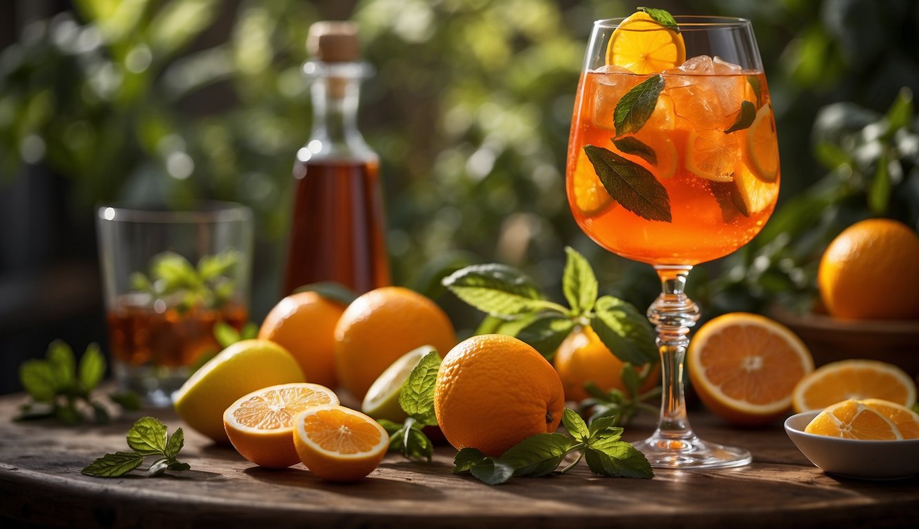 A glass of aperol spritz surrounded by various fruits and herbs, with innovative garnishes and unique variations