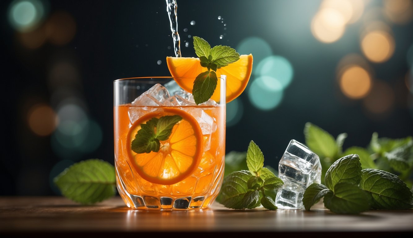 A glass filled with ice, pouring a vibrant orange liquid, garnished with an orange slice and a sprig of fresh mint