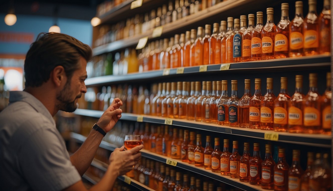A person selects a bottle of Aperol from a shelf in a liquor store, surrounded by colorful displays and signage promoting the product