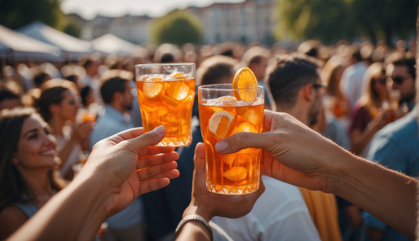 A crowded outdoor event with people holding and enjoying Aperol spritz, while social media feeds show the drink's popularity and impact
