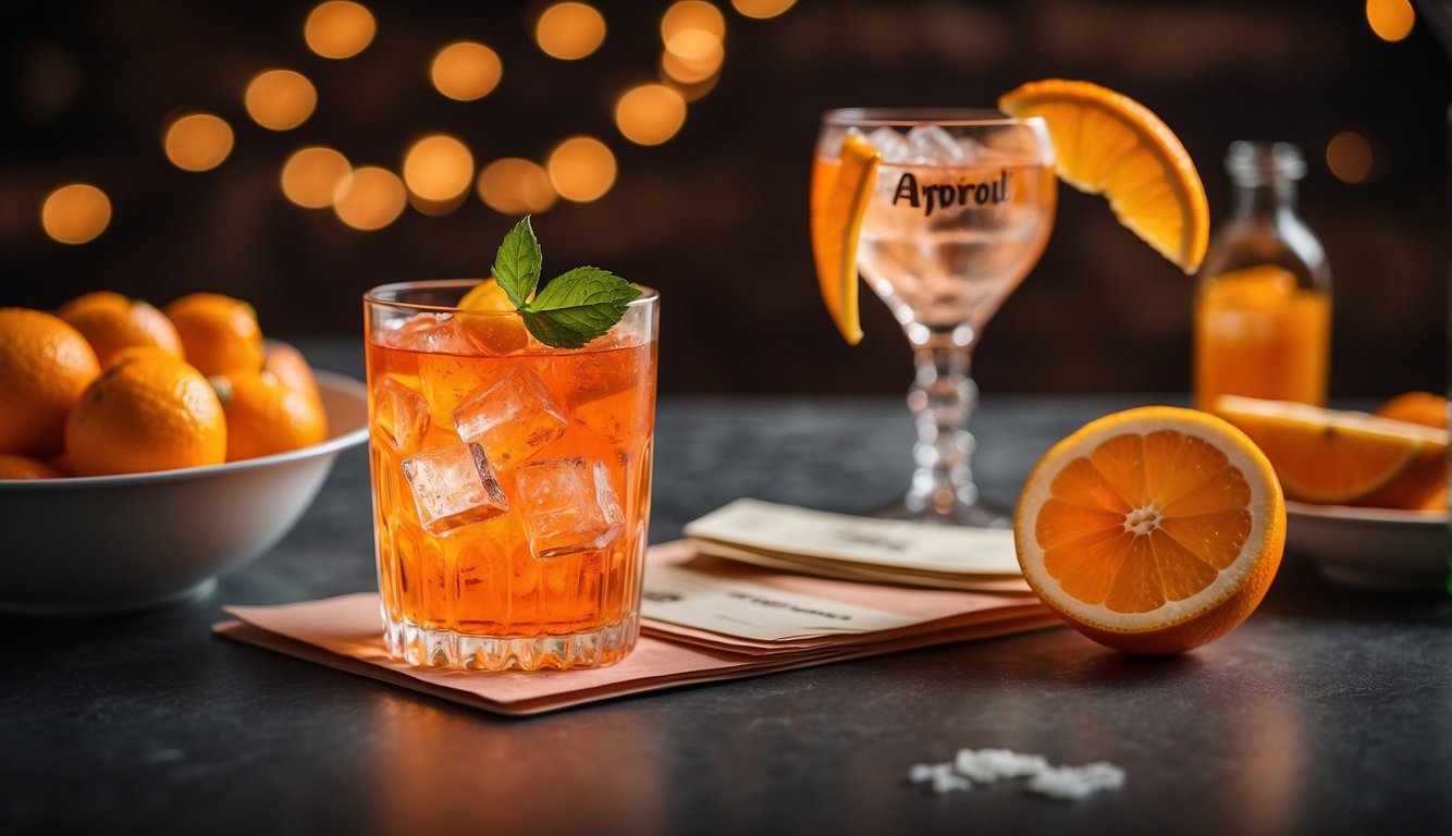A glass of Aperol spritz with ice and an orange slice, surrounded by a stack of FAQ cards