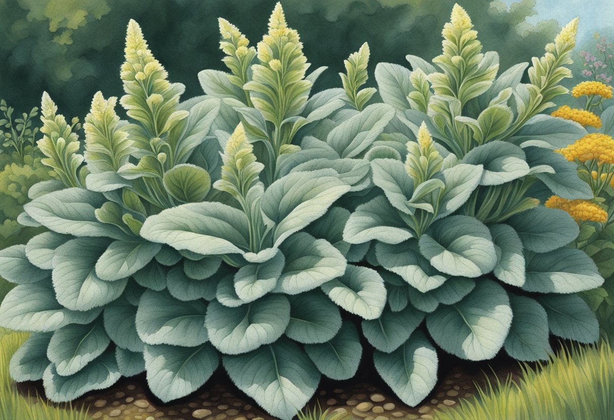 Lamb's ear grows large, fuzzy leaves in a garden setting, reaching up to 12 inches in height and spreading out in a dense, low-growing mound