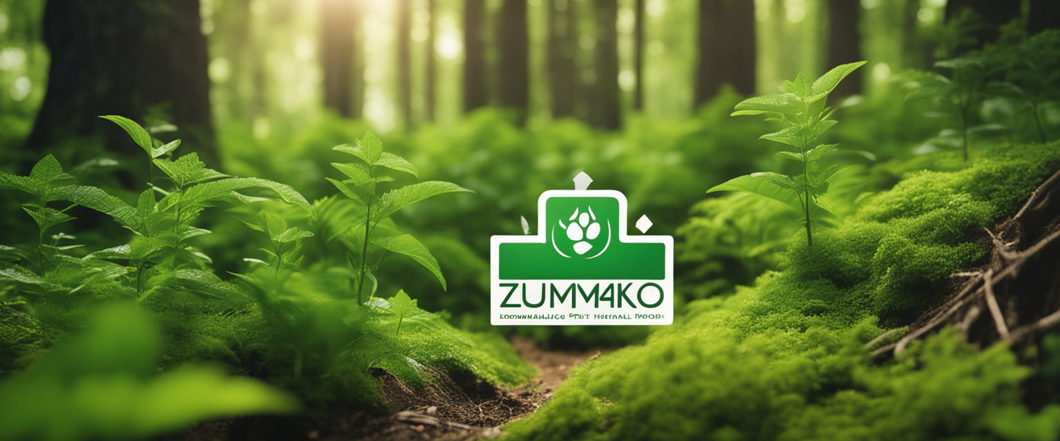 A lush green forest with animals and plants, surrounded by eco-friendly packaging of Zumalko Homeopathic and Natural Pet Products