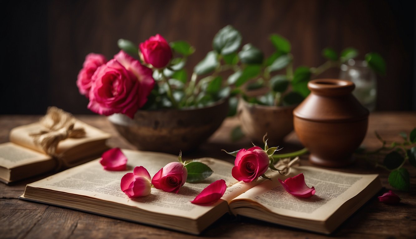 Rose petals scattered on a wooden table, surrounded by mortar and pestle, and herbal books open to pages on nutritional and medicinal properties
