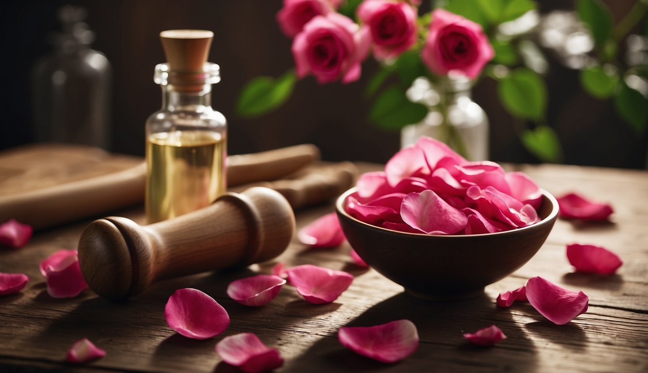 Rose petals scattered on a wooden table, surrounded by mortar and pestle, essential oil bottles, and a bowl of water