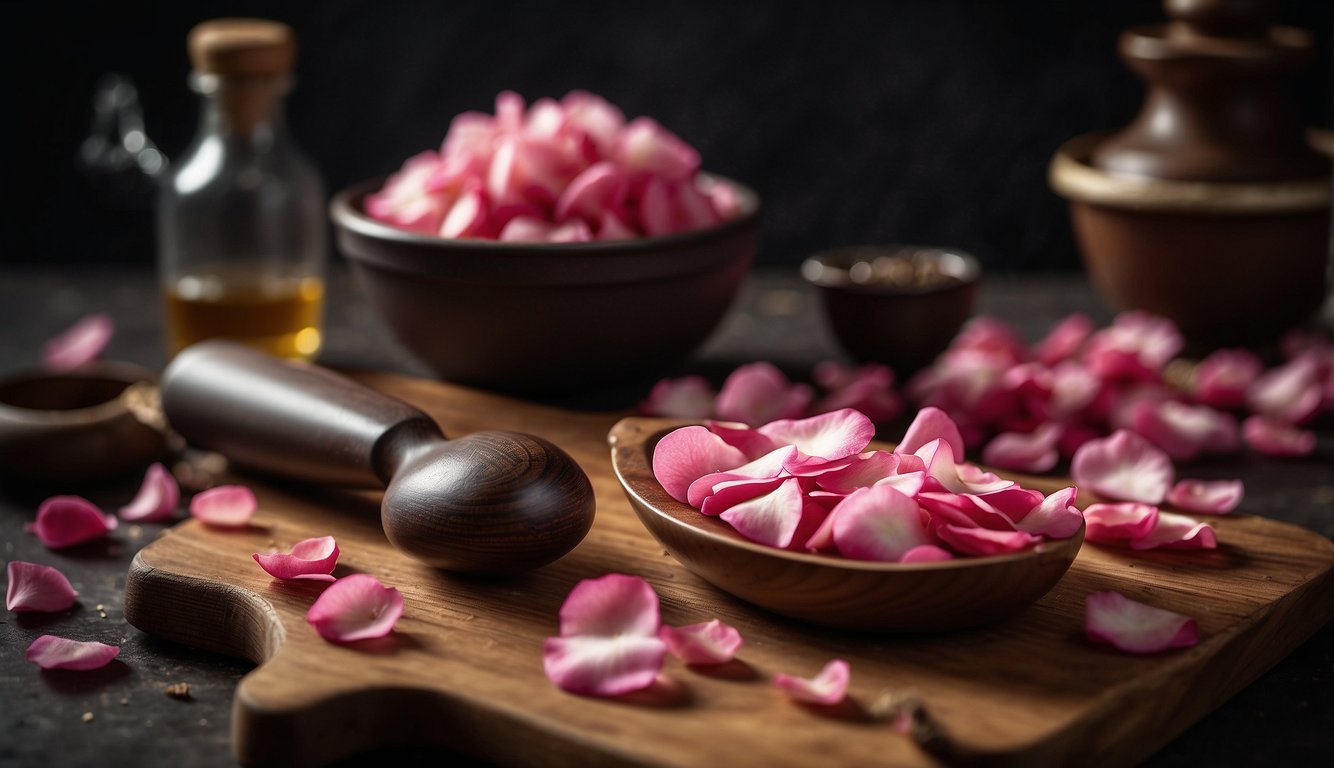 Rose petals scattered on a wooden cutting board, next to a mortar and pestle. A chef's knife and a small bowl of rosewater sit nearby