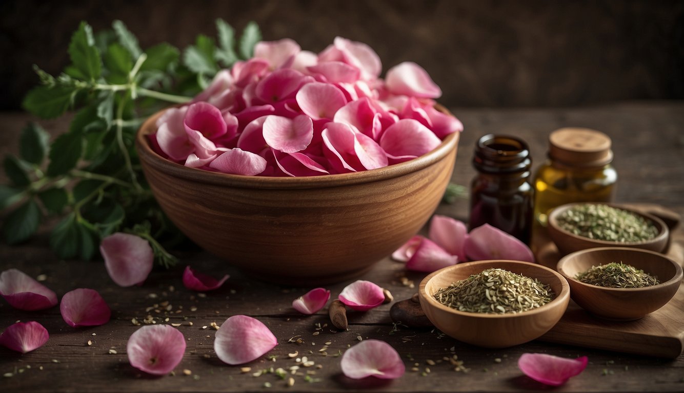 Rose petals scattered on a wooden table, mortar and pestle next to a bowl of herbs. A book on herbal remedies open nearby