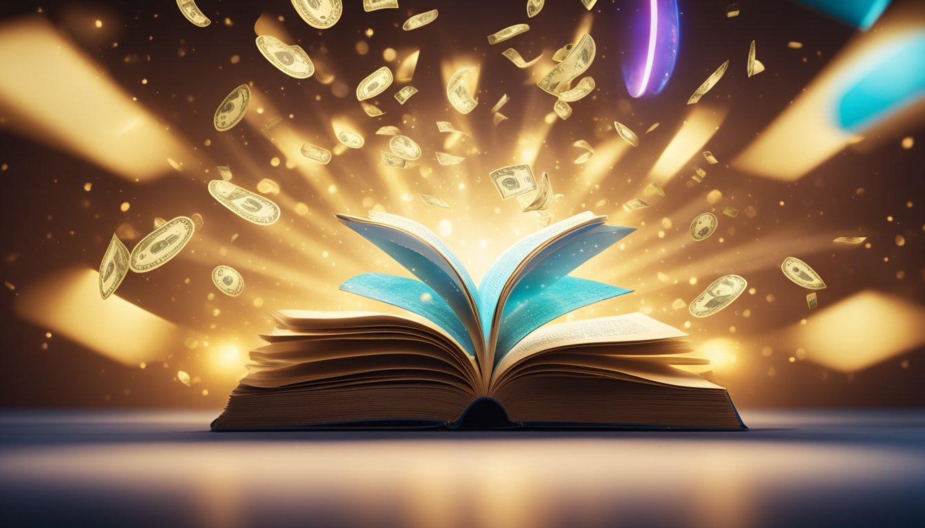 A vibrant, open book releasing rays of light, surrounded by swirling dollar signs, representing the transformation of passion into profitable online education