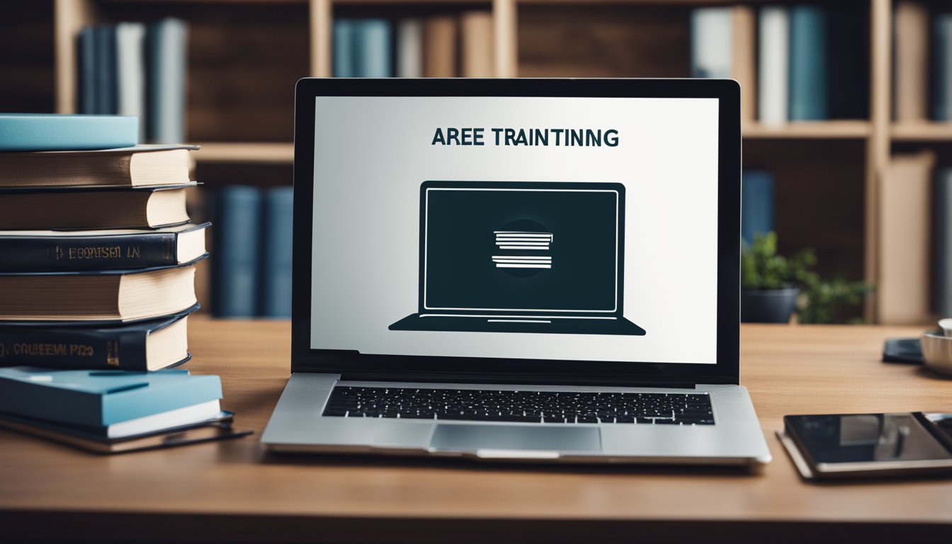 A modern laptop sits on a sleek desk, surrounded by books and educational materials. A digital course platform logo shines on the screen, symbolizing the transformation of passion into lucrative online training