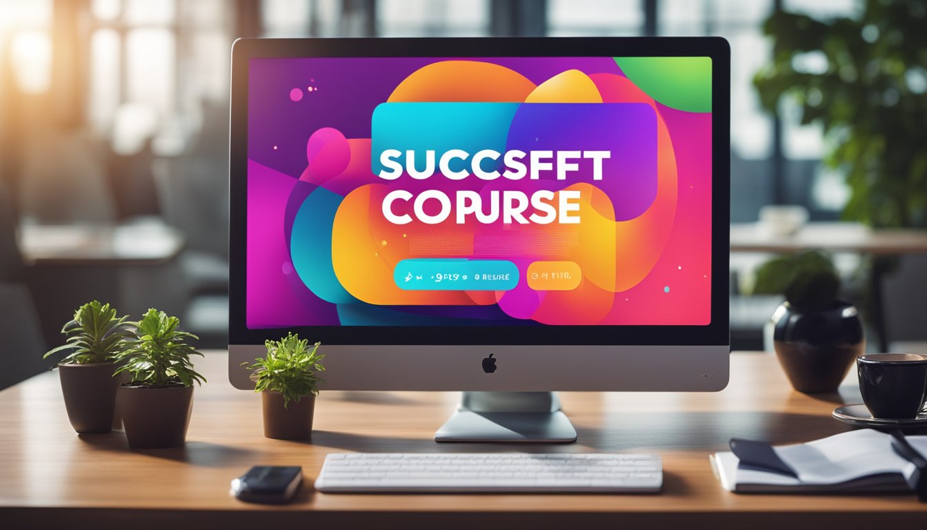 A vibrant, dynamic scene of a computer screen displaying a successful online course with a catchy title and engaging visuals. The background could include elements of marketing and sales strategies to convey the concept effectively