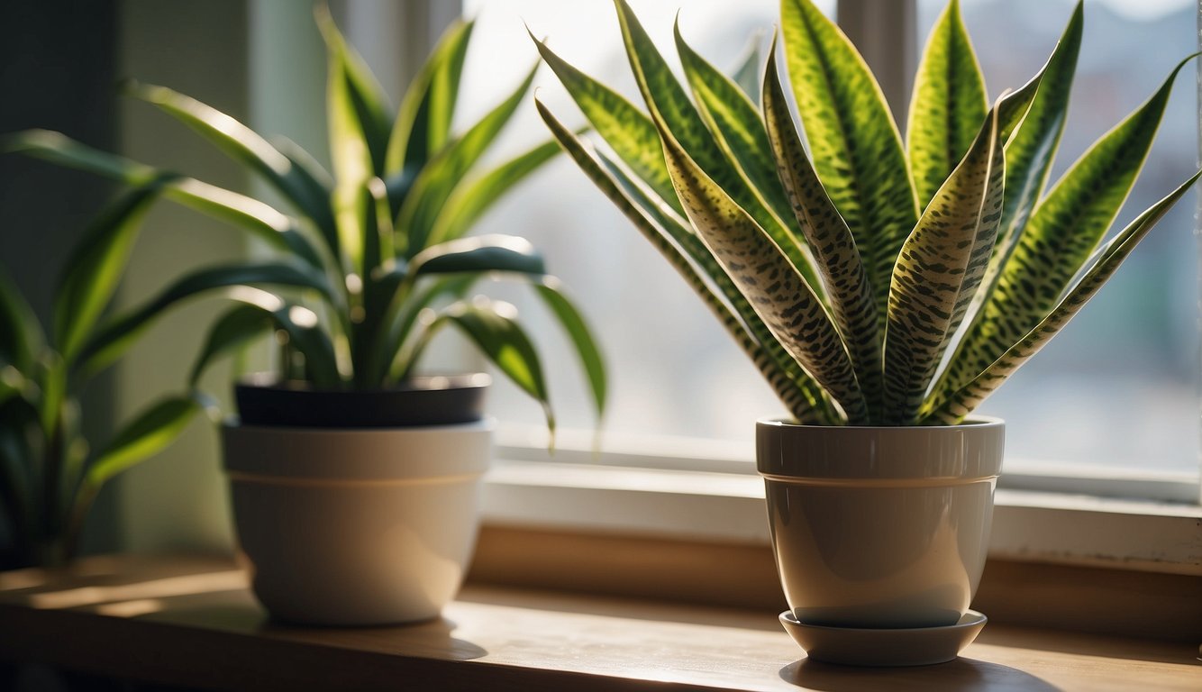 A snake plant sits on a windowsill with indirect sunlight. A small dish of water sits nearby, and a timer is set for 2-3 days