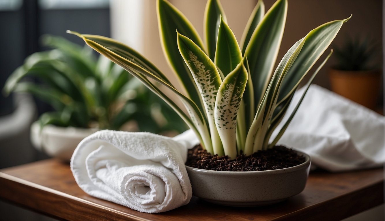 A snake plant cutting sits on a paper towel, callusing for 1-2 days before being planted in a pot with well-draining soil