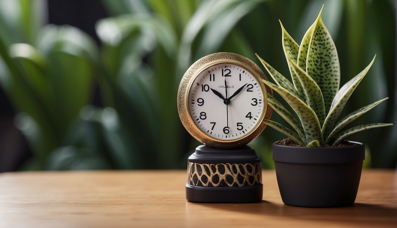 Snake plant placed on a flat surface, with a small cut at the base. A timer next to it shows the time passing as the plant forms a callus