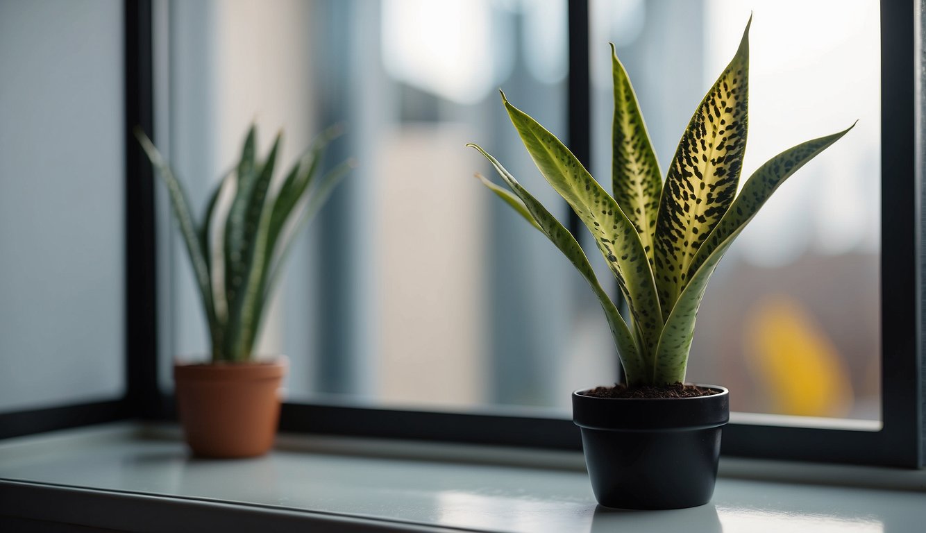 A snake plant sits on a windowsill, its cut end exposed to the air, forming a callus